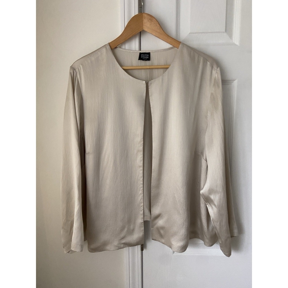 Eileen Fisher Stretch Textured Silk Jacket Open Front Size M Champagne, Beige